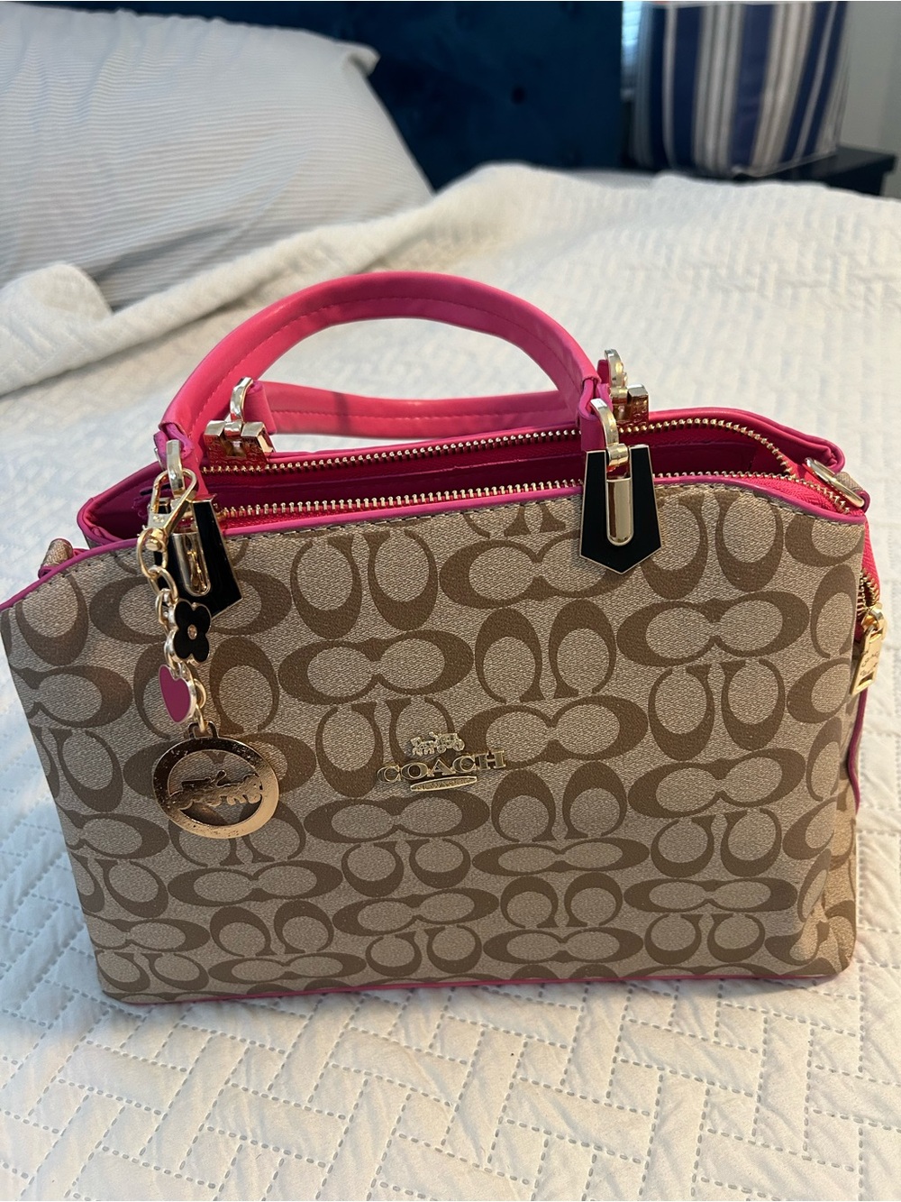 Coach Tan Signature Satchel with Pink Trim and Gold Hardware